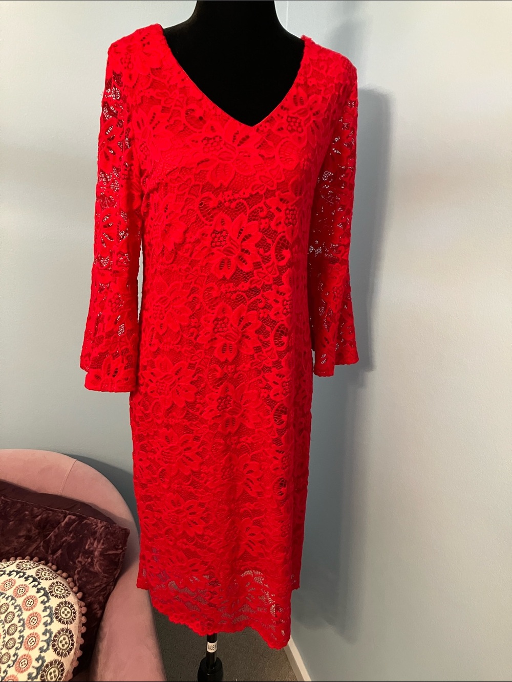 RN studio Vibrant Red Lace Dress with V-Neck
